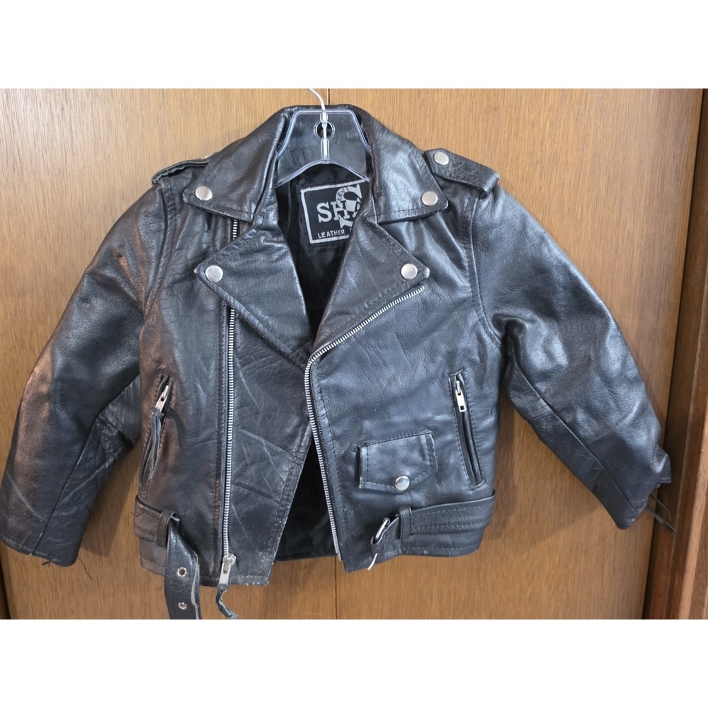 Vintage SHAF BLACK LEATHER MOTORCYCLE JACKET HEAVY LEATHER‎ SIZE SMALL (KIDS)